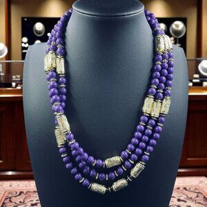 Layered Purple Beaded Necklace Gold‎ Tone Barrel Statement Jewelry Boho Vintage